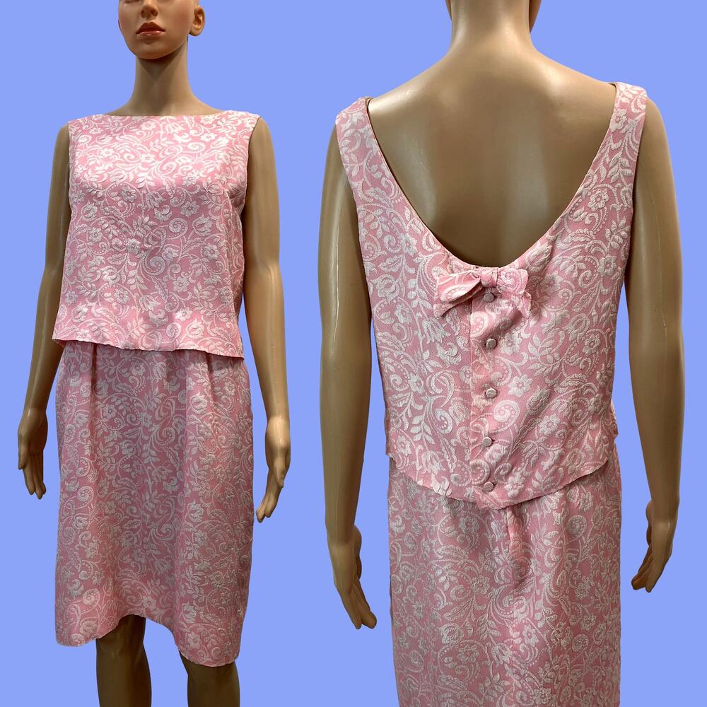 60s Lanz Pink Jackie O Sleeveless Dress w Bow | M